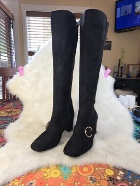 Nine West "Xamdio" Black Faux Suede Knee-High Zip Boots w/Shiny Golden Buckle